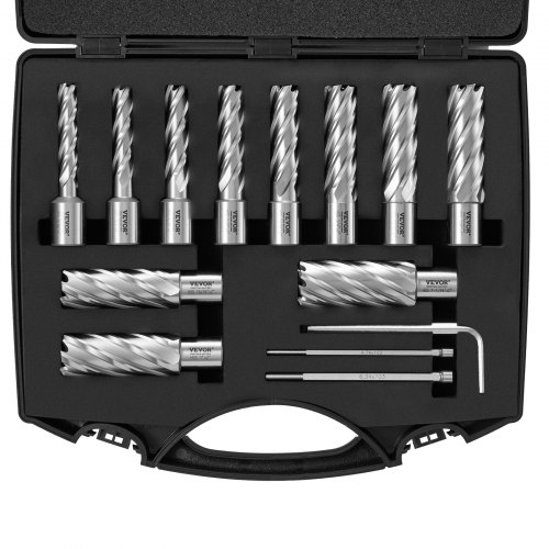 

VEVOR Juego de 11 Brocas Perforadoras Cortadoras Anulares con Accesorios Vástago Weldon Diámetro 11-27 mm Profundidad de 50,8 mm en Acero Rápido HSS Accesorios para Perforación Magnética en Metales