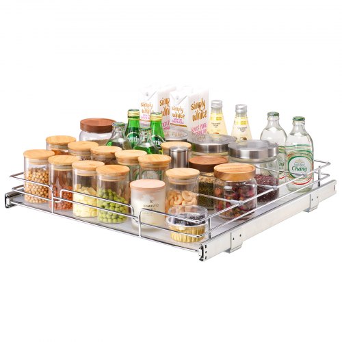 

VEVOR Organizador Extraíble Debajo del Fregadero 537x533x85 mm Cesta Deslizante 1 Nivel de Acero Cromado Cajón Deslizante Carga de 13 kg Deslizamiento Suave Tamaño de Instalación 584x558x177 mm