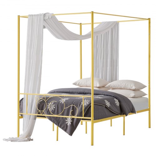 

VEVOR Marco de Cama con Dosel de Tamaño Completo, Diseño 4 Postes de Metal y Cabecero Minimalista Soporte de Láminas de Acero Resistente Espacio de Almacenamiento Debajo, No Necesita Somier, Dorado