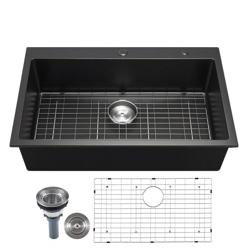 

VEVOR Fregadero de Granito Doméstico 838 x 559 x 222 mm a Montaje en Superficie, Fregadero Empotrado de Estilo Rústico con Accesorios, para Autocaravanas, Cocinas de Preparación y Bares, Negro