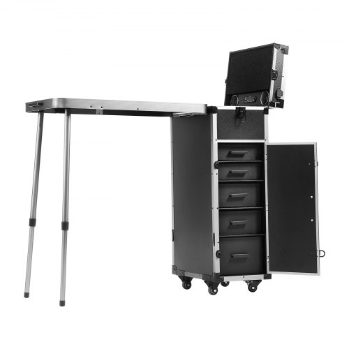 

VEVOR Estuche de Maquillaje Profesional de Aluminio, Banco de Trabajo con Patas de Apoyo, Estuche de Cosméticos con Ruedas, Carro Organizador de Viaje Grande, con Ruedas Giratorias de 360°, Negro