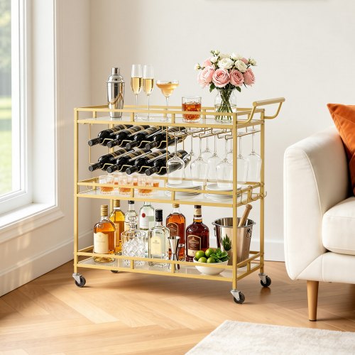 

VEVOR Carro de Bebidas con Botellero de 3 Niveles, Carrito de Servicio con Ruedas y Asa, Estantes de Vidrio Espejado, Soporte para Copas, para Sala de Estar, Comedor, Cocina, 88x38x89 cm, Dorado