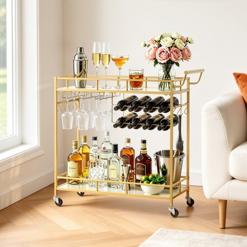 

VEVOR Carro de Bebidas con Botellero de 2 Niveles, Carrito de Servicio con Ruedas y Asa, Estantes de Vidrio Espejado, Soporte para Copas, para Sala de Estar, Comedor, Cocina, 88x35x89 cm, Dorado