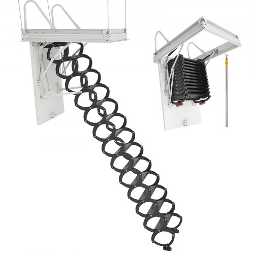 

VEVOR Escalera de Ático, Capacidad de 299,4 kg, Se Adapta a Techos de 3,2 a 3,3 m y Abertura de 100 x 70 cm, Escalera Retráctil de Acero de Aleación con Barra de Tracción para Áticos y Lofts