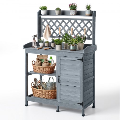 

VEVOR Mesa de Jardinería, Banco de Trabajo de Jardín de Madera 110 x 46 x 147 cm con Tablero de Madera de Abeto, Estante Superior, Cajón, Armario, Ganchos para Patio Exterior Almacenamiento Macetas