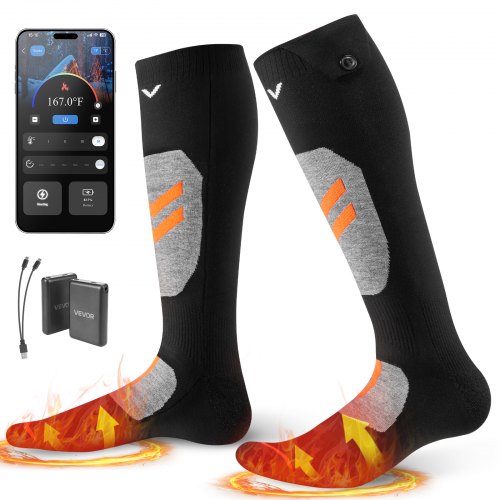 VEVOR Calcetines Calefactables, Talla XL, Batería 5000 mAh, Recargables, con 4 Niveles de Calor y Control por Aplicación, Calentadores de Pies de 40 a 70 °C para Exteriores, Esquí, Pesca, Unisex