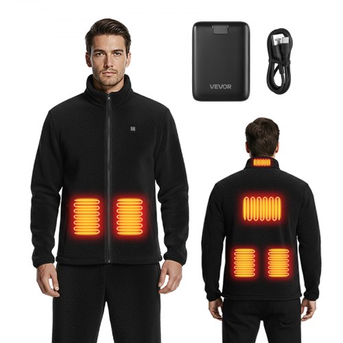 

VEVOR Chaqueta Polar Calefactable Hombre, Batería Externa Recargable 7,4 V y 16 000 mAh, 6 Zonas Calentamiento, 35-40/45-50/55-60 °C, 3 h/6 h/10 h de Calor, para Acampadas en Invierno, Negro, XL