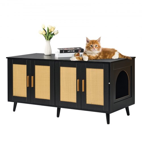 

VEVOR Muebles de Baño Oculto para 2 Gatos 1,19 x 0,5 x 0,55 m Casa de Inodoro para Gatos con Puertas Decoradas de Ratán Armario de Madera para Ocultar las Cajas de Arena para Gatos, Negro