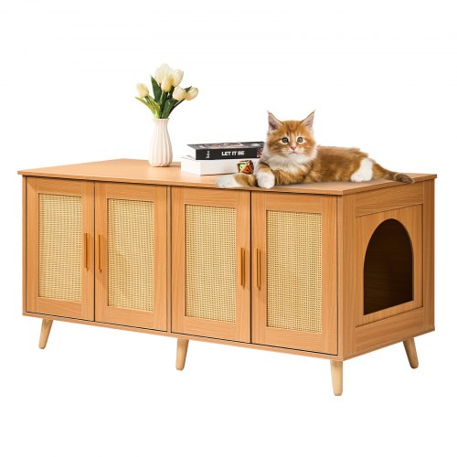 

VEVOR Muebles de Baño Oculto para 2 Gatos 1,19 x 0,5 x 0,55 m Casa de Inodoro para Gatos con Puertas Decoradas de Ratán Armario de Madera para Ocultar las Cajas de Arena para Gatos, Color Natural