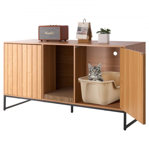 

VEVOR Armario de Almacenamiento para Caja de Arena para Gatos, Caseta de Baño Oculta con Poste Rascador, Compatible con la Mayoría de Cajas de Arena, para Sala de Estar, 120 x 45 x 66,5 cm, Madera