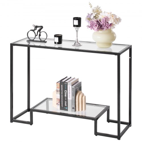 VEVOR Mesa Consola de Vidrio 2 Niveles 107 x 35,4 x 75,5 cm Mesa Auxiliar Rectangular para Sofá con Tablero de Vidrio Templado, Patas de Hierro para Sala de estar, Pasillo, Entrada, Recibidor, Negro