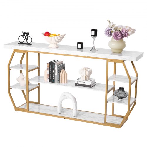VEVOR Consola de Mármol de 3 Niveles 180 x 35 x 91 cm Almacenamiento Abierto Mesa Auxiliar de Sofá con Tubos de Hierro Dispositivo Antivuelco Soporta hasta 100 kg para Salón, Entrada, Recibidor