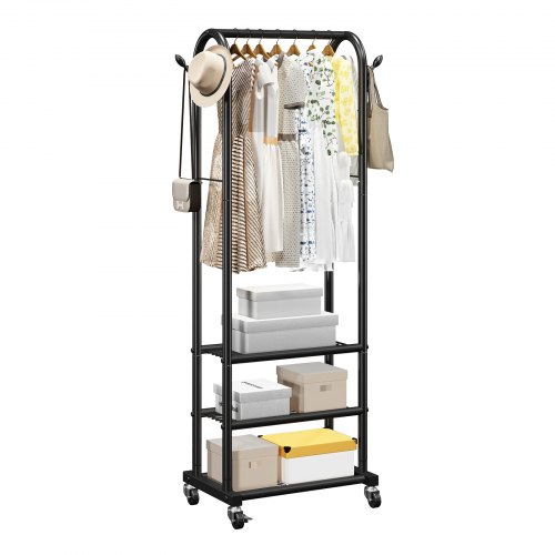VEVOR Perchero Burro para Ropa con 3 Estantes y Ganchos Laterales, Barra para Colgar, Burro de Ropa con Ruedas, Carga de 45 kg de Acero al Carbono, para Dormitorio, Lavandería, Sala de Estar