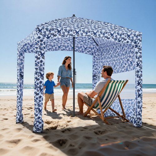 

VEVOR Cabaña de Playa 183 x 183 cm, con Toldo Lateral, Protección Solar UPF 50+, con Sacos de Arena y Sombrilla Portátil Grande para Uso al Aire Libre en Familia y con Amigos, Rayas Azul Marino