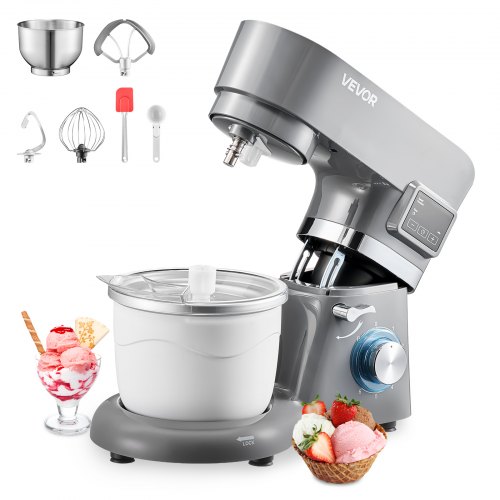 

VEVOR Batidora de Pie de Helados 1,7 L, 6 Velocidades, Pantalla Digital LED, Temporizador, Paleta para Mezclar, Gancho para Masa y Protector contra Salpicaduras, Gris, 1400 W, 375 x 212 x 305 mm
