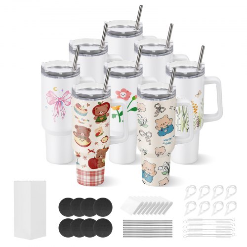 

VEVOR Vasos de Sublimación 8 Piezas, Botellas de Agua con Asa de 1183 ml de Acero Inoxidable, Apto para Uso Alimentario con Tapas y Pajitas, con Aislamiento de Doble Pared, para Manualidades DIY
