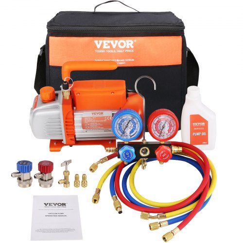 

VEVOR Bomba de Vacío para Aire Acondicionado 100 L/min Bomba de Vacío HVAC 150 W con Kit de Manómetro y Manguera de Goma Tricolor 1440 rpm Bolsa de Transporte para R134a Aire Acondicionado de Coche