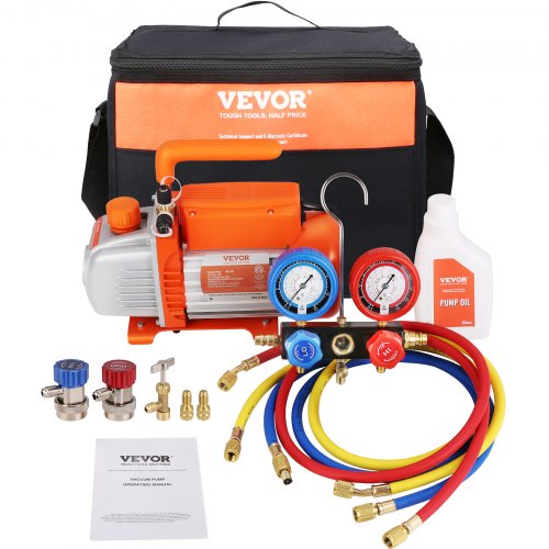 

VEVOR Bomba de Vacío Aire Acondicionado 128 L/min Bomba de Vacío HVAC 180 W con Kit Manómetros y Manguera de Goma Tricolor 1440 rpm Bolsa de Transporte para R134a Aire Acondicionado Frigorífico Coche