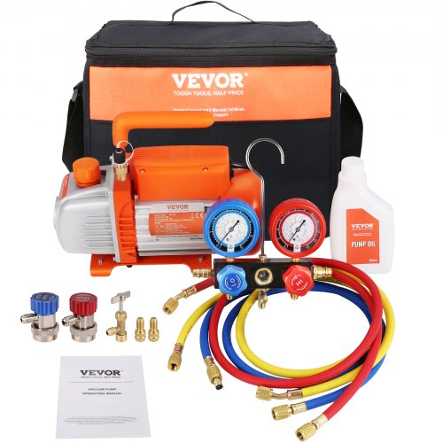 

VEVOR Bomba de Vacío Aire Acondicionado 128 L/min Bomba de Vacío HVAC 180 W con Kit Manómetros y Manguera de Goma Tricolor 1440 rpm Bolsa de Transporte para R134a Aire Acondicionado Frigorífico Coche