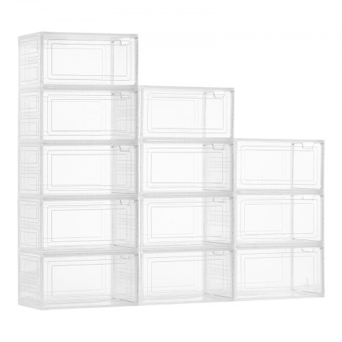 

VEVOR 12 PCS Cajas para Zapatos, Cajas Apilables Transparentes con Puerta Magnética, Aptas hasta la Talla 13 de EE. UU., Contenedores de Plástico para Tacones Altos, Botas, Blanco Transparente