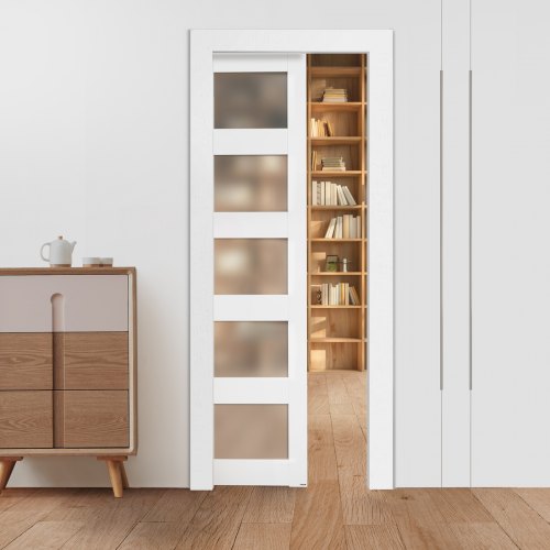 

VEVOR Puerta Corrediza de Bolsillo, 2035 x 765 x 35 mm, Puerta Corrediza Simple con 5 Paneles de Vidrio Esmerilado, Kit de Herrajes, Madera Maciza Resistente y MDF, para Cocina, Oficina, Blanco