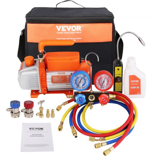 

VEVOR Bomba de Vacío de Aire Acondicionado 113 L/min Bomba de Vacío de Refrigeración HVAC 180 W con Manómetros Múltiples Kit de Manguera Tricolor 1450 rpm para Refrigeración de Aire Acondicionado