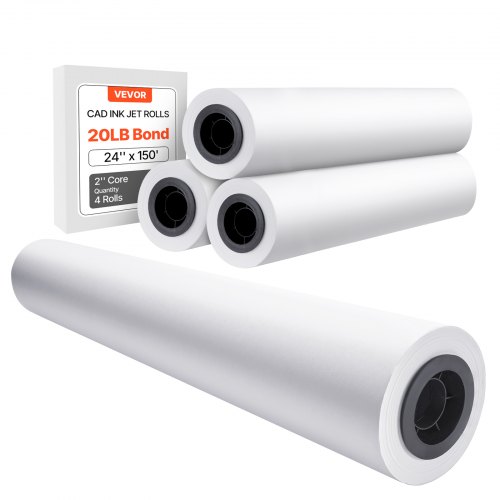

VEVOR Papel de Formato 80 g/㎡ Ancho de 609,6 mm Longitud de 45,7 m 4 Rollos de Papel Bond CAD con Núcleo de 50,8 mm Rollos de Papel Bond para Trazador para Dibujos CAD, Planos de Ingeniería, Blanco