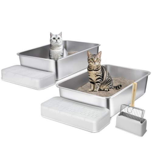 

VEVOR 2 PCS Caja de Arena para Gatos de 60 x 40 x 15 cm, Arenero Extragrande de Acero Inoxidable con Pala, Tablero Ancho con Filtro y Lados Altos, Caja de Arena Abierta sin Olores para Gatos Grandes