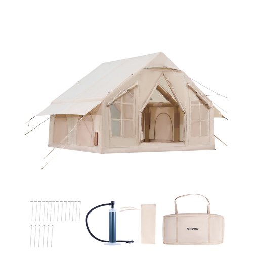 

VEVOR Tienda Inflable para Acampar, Carpa Inflable de Tela Oxford 300D para 4-6 Personas con Bomba Manual, Conector para Estufa, 2 Puertas y 4 Ventanas de Malla, Bolsa de Almacenamiento, Beige