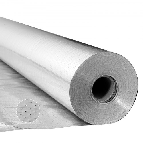 VEVOR Rollo de Aislamiento Reflectante Doble, Perforado y Transpirable, 38,1 x 1,22 m x 0,15 mm, Lámina de Aluminio de Doble Cara, Reflectividad ? 95%, para Ventanas y Techos de Autocaravanas