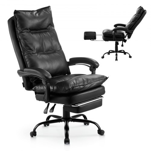 

VEVOR Silla de Ejecutiva Altura Ajustable con Respaldo Alto Reposapiés Almohada Lumbar Silla de Oficina Ergonómica Reclinable 135° Silla Giratoria de Cuero PU para Trabajar, Estudiar, Jugar, Negro