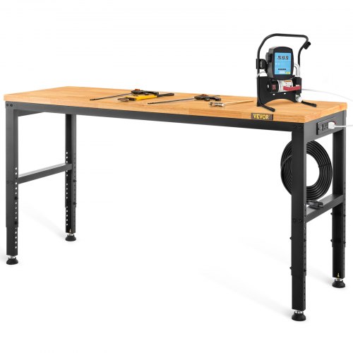 VEVOR Banco de Trabajo 1220x508 mm Mesa de Taller Altura Ajustable 719-968 mm Carga de 900kg con Toma de Corriente Mesa de Madera Marco de Metal Almohadillas para los Pies para Oficina, Garaje