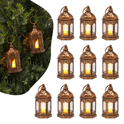 

VEVOR Faroles Decorativos para Velas, Velas LED Eléctricas sin Llama, Soporte de Plástico con Cristal, en la Pared, para Porches, Mesas de Boda, Fiestas, Color Bronce, 65 x 65 x 128 mm, 12 uds
