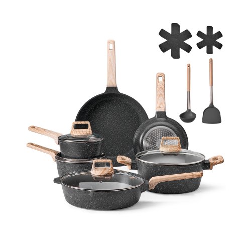 

VEVOR Juego de Ollas y Sartenes Antiadherentes 17 Piezas de Granito para Cocina de Inducción, Apto para RV, con Tapas de Vidrio Templado y Protectores para Sartenes, Apto para Estufa, Color Negro