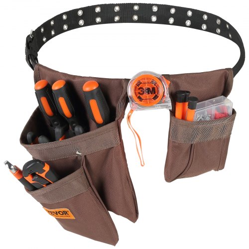 

VEVOR Cinturón de Herramientas Marrón 13 Bolsillos Tamaño de Cintura 73,6-137,2 cm, Cinturón de Herramientas de Poliéster Desmontable para Electricista, Carpintero, Manitas, Carpintero, Construcción