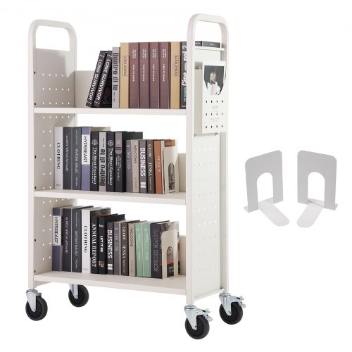

VEVOR Carro para libros carro para biblioteca blanco de 3 estantes Carga máxima. 150 kg, estantería con ruedas para biblioteca, estantes planos en forma de L, ruedas bloqueables, 790 x 385 x 1250 mm