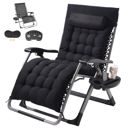 VEVOR Silla de Gravedad Cero 825 mm Sillón Reclinable para Jardín Tumbona para Terraza Capacidad de 226,8 kg Tumbona Antigravedad Ajustable con Cojín Reposacabezas Reposapiés Portavasos, Negro