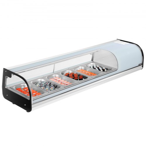 

VEVOR Vitrina Refrigerada 62 L para sushi, 6 bandejas, con vidrio curvo, iluminación LED y control digital de temperatura, para mostradores, restaurantes y tiendas, 1510 x 425 x 290 mm, 2 a 8 °C