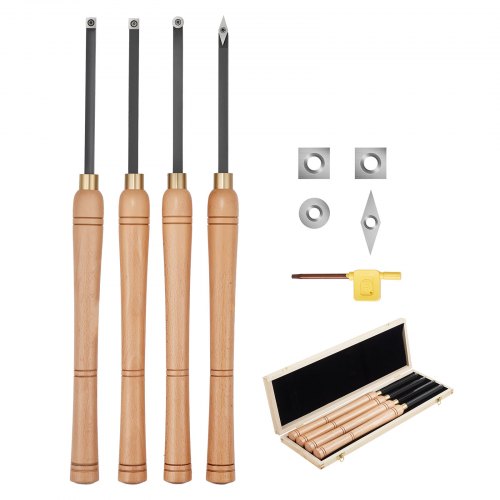 

VEVOR 4 PCS Juego de Herramientas de Torneado para Madera Herramienta Hueca para Desbaste, Acabado y Detalle con Mango de Madera, Insertos de Carburo Redondos y Cuadrados de Diamante, Caja de Madera