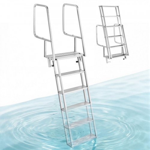 

VEVOR Escalera de Muelle de Aleación de Aluminio con 6 Peldaños Antideslizantes, Escalera de Pontón Abatible con Pasamanos, Cuerda, Soporta 159 kg, Uso en Piscinas Embarcaciones Natación Barcos Lago