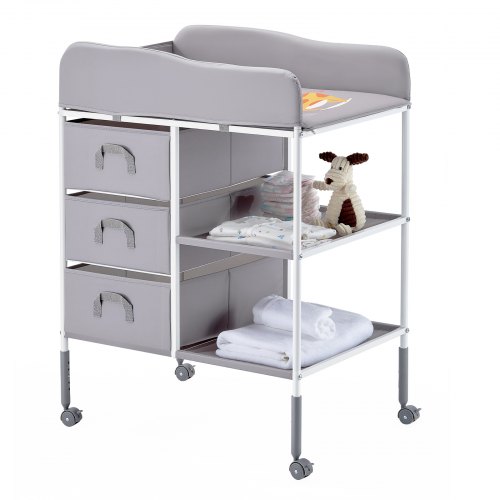 VEVOR Cambiador Portátil para Bebé, Cambiador Multifuncional de 755 x 510 x (1000-1075) mm Altura Ajustable con 3 Cajones de Tela, Ruedas Bloqueables y Organizador de Almacenamiento, Color Gris