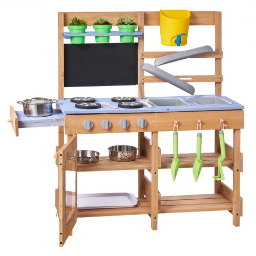 

VEVOR Cocina de Barro para Niños al Aire Libre, Madera de Cedro, con 4 Estufas, Ganchos, Fregaderos, Palas para Plantar, Espátulas, Mango, Ollas y Accesorios para Cocinar, 762 x 324 x 914 mm