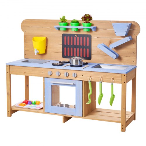 

VEVOR Cocina de Barro para Niños al Aire Libre, Madera de Cedro, con 4 Estufas, Ganchos, Fregaderos Dobles, Palas para Plantar, Espátulas, Ollas y Accesorios para Cocinar, 1220 x 400 x 935 mm
