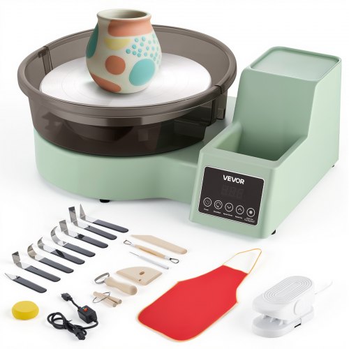 

VEVOR Torno de Alfarero, Placa de Aluminio 28 cm, Rueda de Cerámica Eléctrica, Velocidad Ajustable de 30 a 300 RPM, Herramienta de Arcilla con Pedal Pantalla Almacenamiento, para Bricolaje, Verde