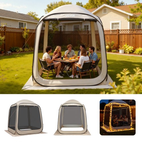 

VEVOR Carpa Plegable con Mosquitera, 1825 x 1825 x 2200 mm, para 4-6 Personas, Polígono de 4 Lados, con Bolsa de Transporte, Laterales de Malla y Estacas para el Suelo. al Aire Libre, Color Beige