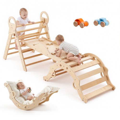 VEVOR Estructura de Escalada para Niños y Bebés, Gimnasio Montessori Plegable, Triángulo Pikler con Carritos de Madera Cojín Tobogán Arco de Escalada, Zona de Juego Interior para Niños, Color Natural