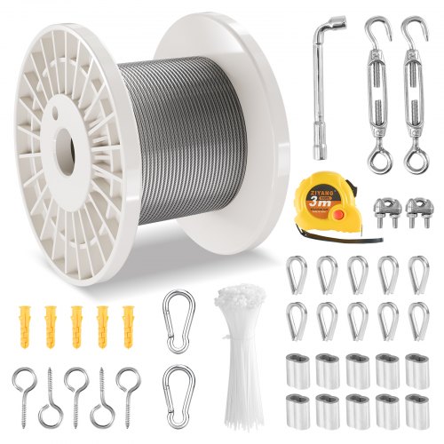 

VEVOR Kit de Cables de 3,18 mm Cable de Acero Inoxidable 304 de 30,5 m con 59 Accesorios, Resistencia a la Rotura de 2,9 KN, 7 x 7 Hebras, Cable de Grado de Construcción para Aeronaves para Pasamanos