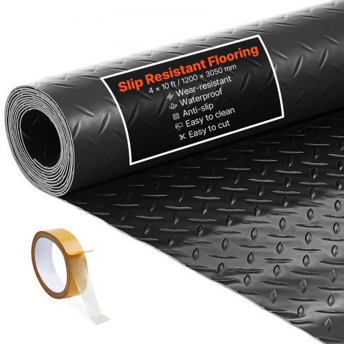 VEVOR Rollo de Suelo de PVC para Garaje, 1,2 x 3,05 m, con Patrón de Diamante de 2,2 mm de Grosor, con Cinta Adhesiva de Doble Cara, Fácil de Limpiar, para Almacenes, Gimnasios y Remolques, Negro