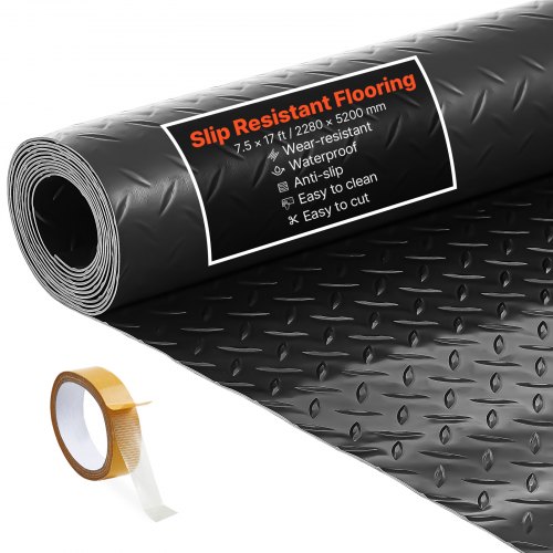 

VEVOR Rollo de Suelo de PVC para Garaje, 2,28 x 5,2 m, con Patrón de Diamante de 2,2 mm de Grosor, con Cinta Adhesiva de Doble Cara, Antideslizante, para Almacenes, Gimnasios y Remolques, Negro