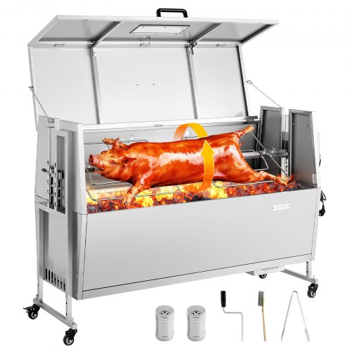 

VEVOR Asador Giratorio 1320 mm Motor de 38 W, 4 Niveles de Altura, Capacidad de Carga de 60 kg, Parrilla de Acero Inoxidable con Ruedas, Rotación Suave de 360°, para Fiestas, Barbacoas, Acampadas